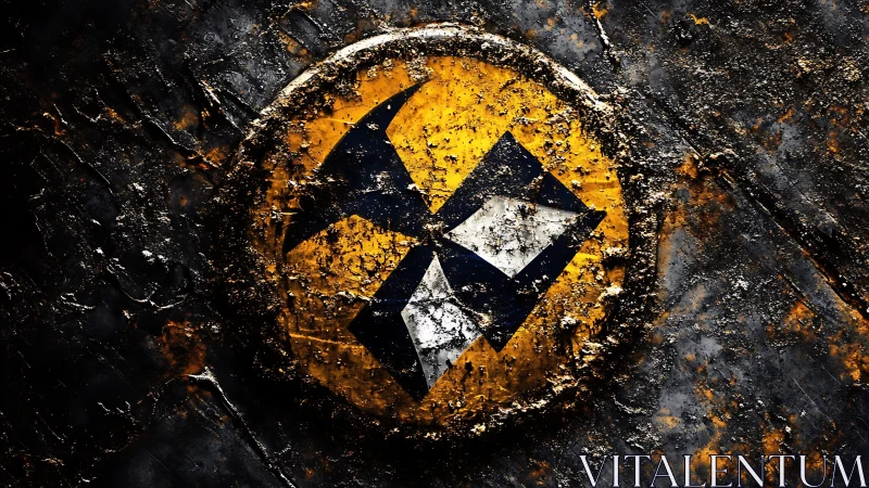 Rusted hazard emblem guarding cracked yellow industrial seal.