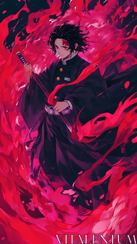 Sword-wielding anime fighter in swirling crimson energy.