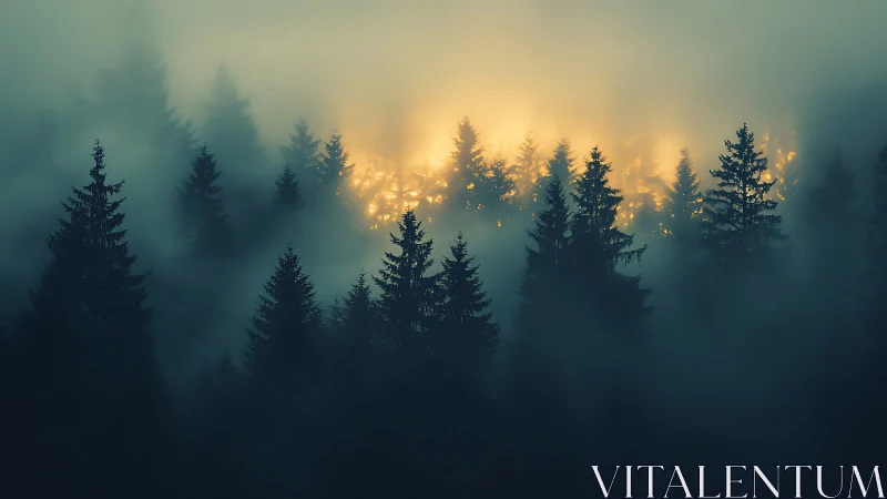 Misty Forest Sunrise Behind Coniferous Trees.