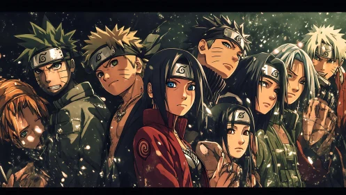 Naruto-style ninja lineup under glowing drifting embers