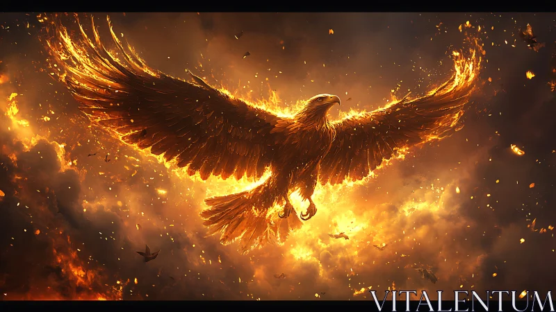 Majestic Fiery Eagle Soaring in Dramatic Digital Fantasy Art.