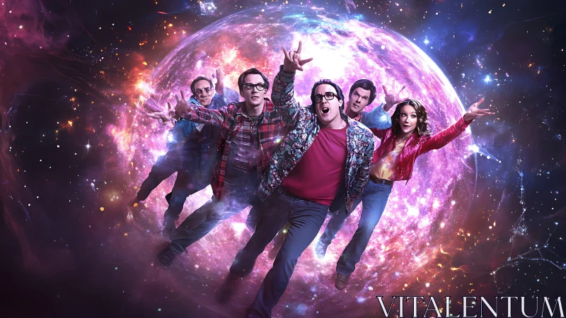 Friends hurtle through a glowing cosmic portal in wild wonder