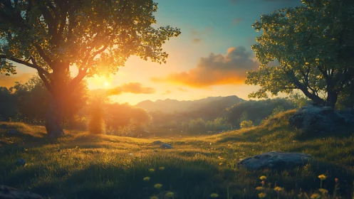 Sunset light over grassy meadow between two trees.