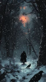 Cloaked wanderer crosses snowy forest corridor under distant fire