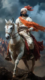 Storm-bound warrior king rides jeweled white stallion onward.