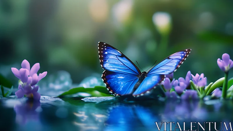 Azure butterfly drifts over glassy water in dreamlit garden.