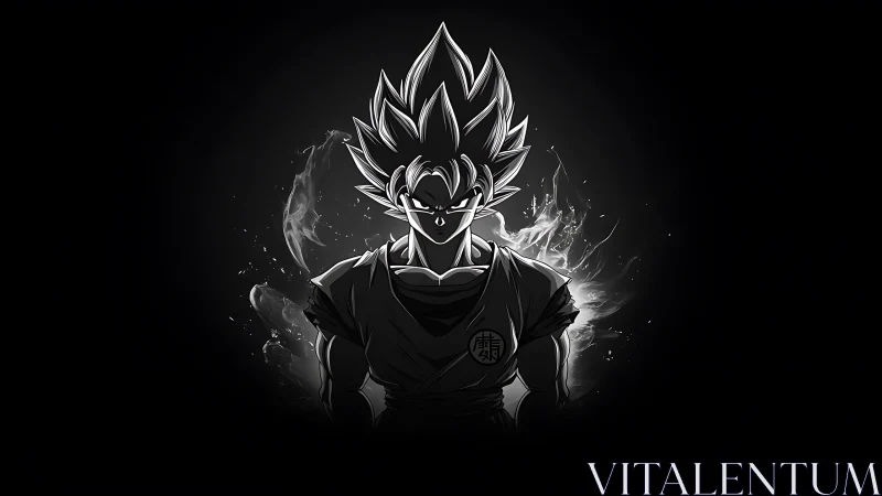 Monochrome spiky-haired anime warrior with glowing aura center