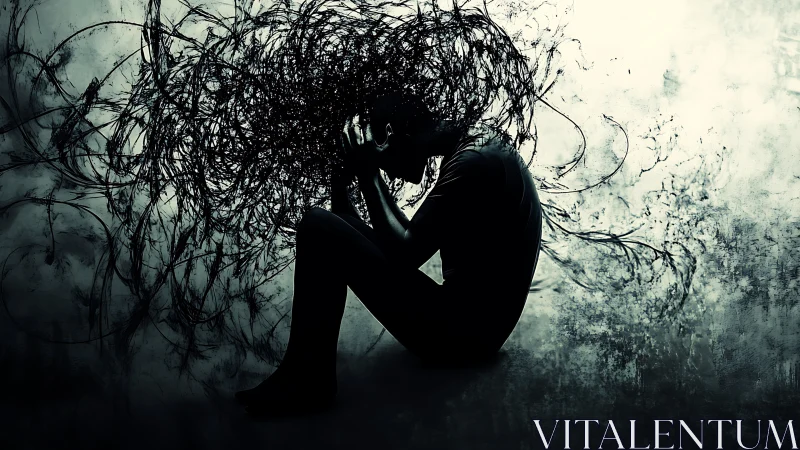 Silhouetted figure overwhelmed by chaotic mental storm.