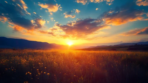 Wild meadow leans into a blazing sunset spilling liquid gold
