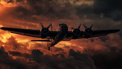 Vintage four-engine aircraft cuts across a blazing sunset sky.
