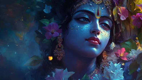 Divine blue portrait glows within jewel-toned garden bloom