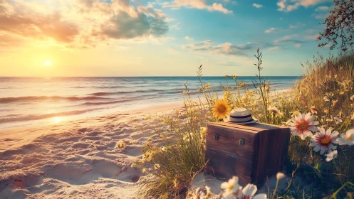 Sunlit beach daydream rests beside dunes and wildflowers