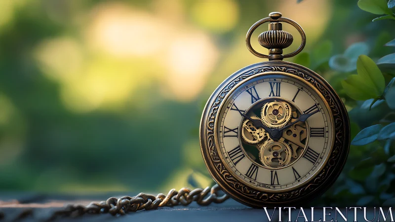 Vintage pocket watch with exposed gears outdoors.
