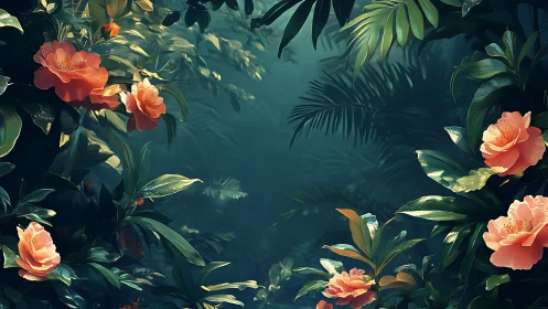 Coral Garden Sanctuary: Luminous Roses Beneath Verdant Canopy.