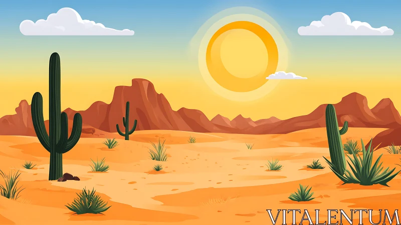 Illustration depicts arid desert plain with cacti and mesas