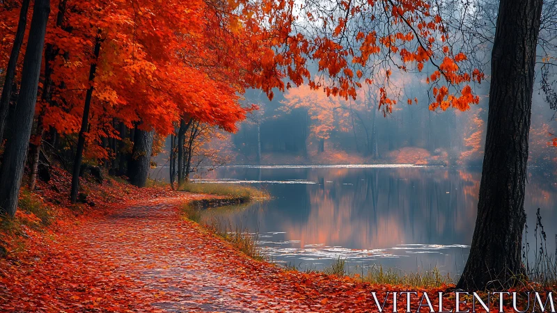 Crimson autumn lakeside path under misty reflective canopy.