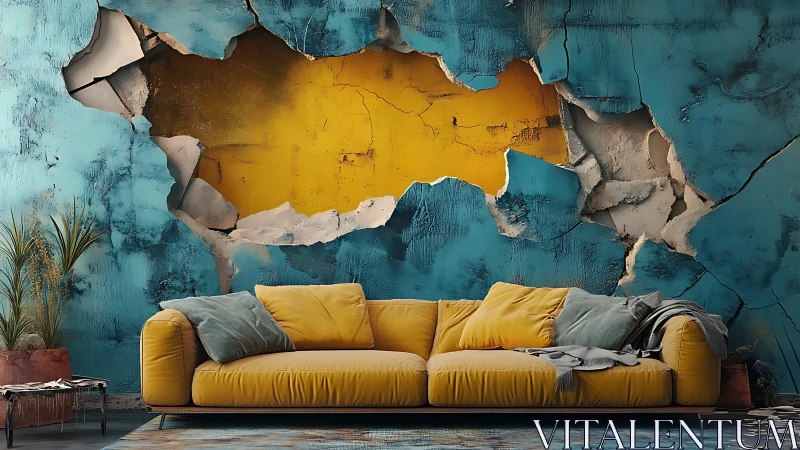 Textured turquoise breach exposing ochre core behind sofa wall.
