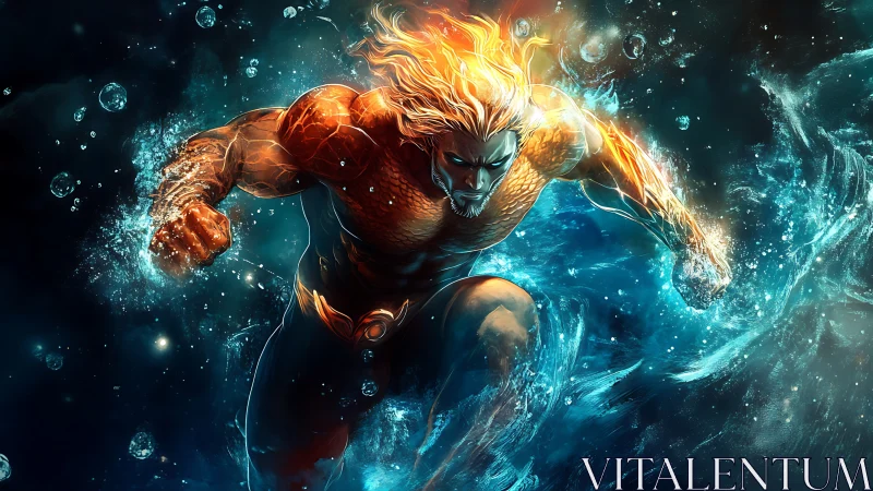 Underwater warrior surging forward through glowing waves.
