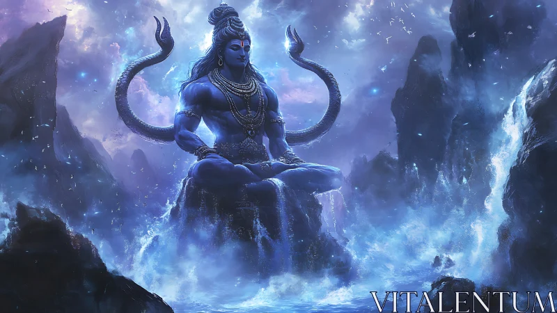 Cosmic blue deity meditating amid stormlit mountain ocean.