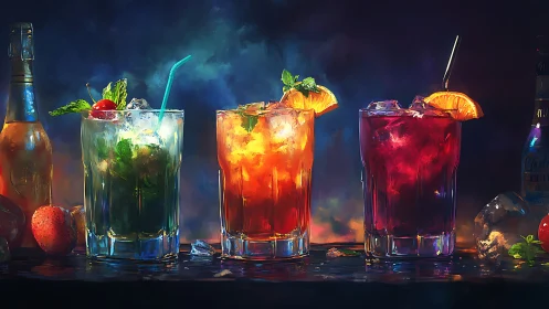 Three Vibrant Cocktails with Citrus Garnish Against Dark Background.