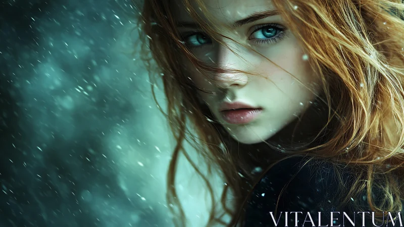 Red haired girl with intense teal eyes faces swirling snow
