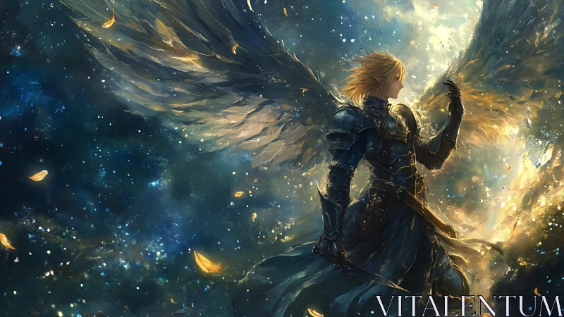 Radiant winged warrior pauses in a quiet storm of golden light