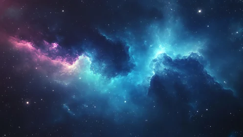 Cosmic nebula cloud with vibrant teal and magenta glow.