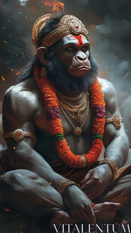 Serene divine monkey warrior resting in glowing garlands.