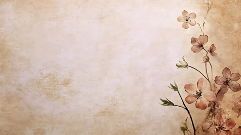 Delicate floral branch curves across textured vintage parchment