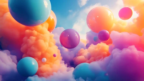 Spherical forms suspended in dense multicolored cloud volumes.