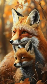 Autumn fox guardians gaze through amber forest hush.