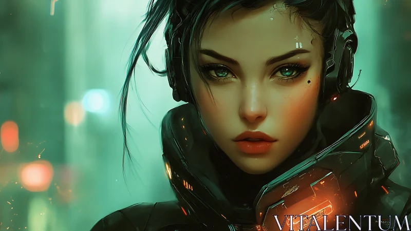 Neon-lit cyber warrior gazes ahead in a misty future city