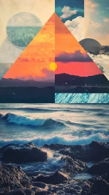 Geometric sunset seascape collage with layered atmospheric planes