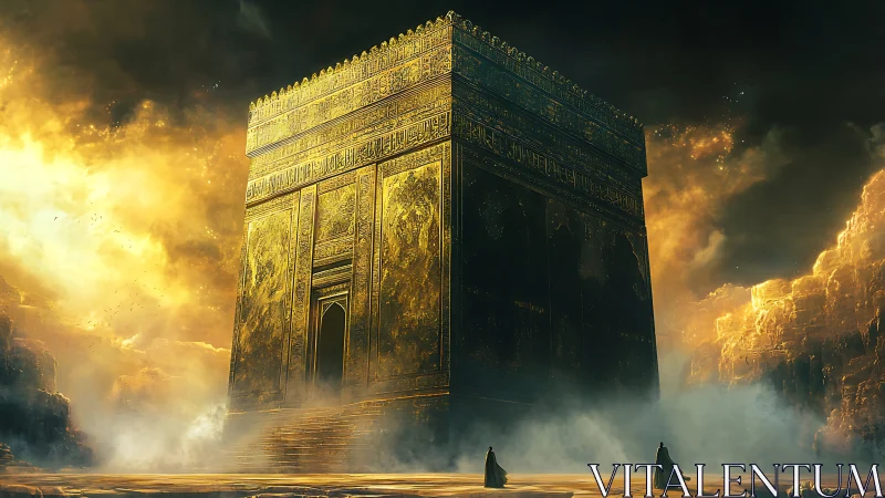 Monolithic golden cube temple rendered with volumetric light and haze