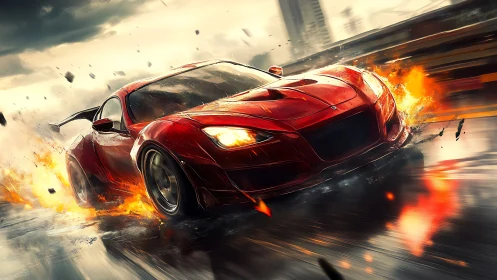 Blazing red street racer carving fire across wet asphalt.