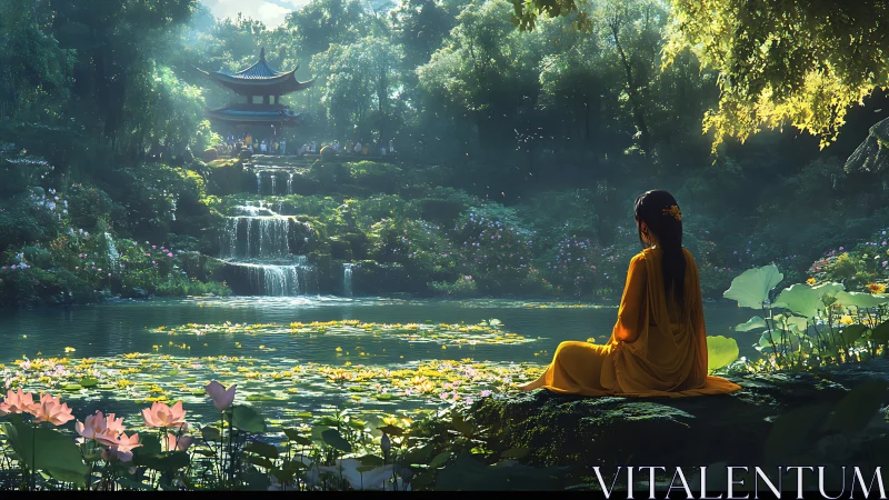 Woman in yellow sits by lotus pond facing tiered waterfall