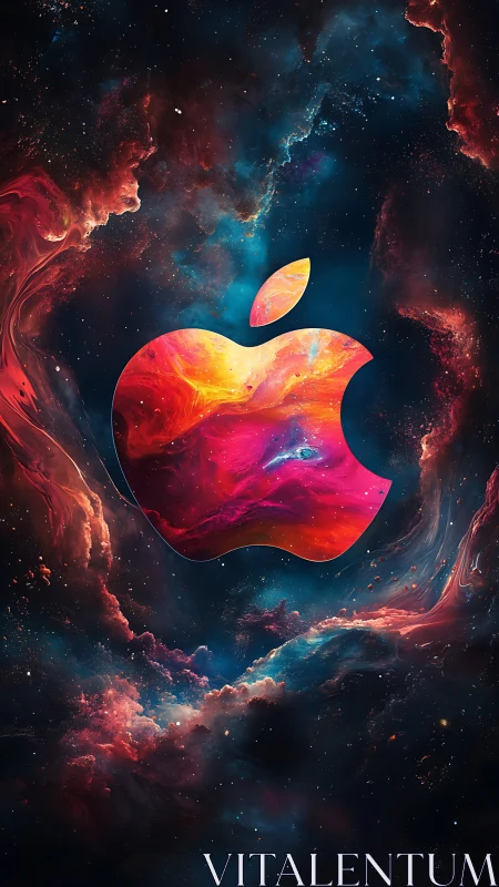 Chromatic nebulae enveloping luminous apple-shaped silhouette.