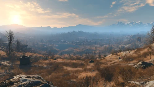 Post-apocalyptic arid landscape with distant ruined city.