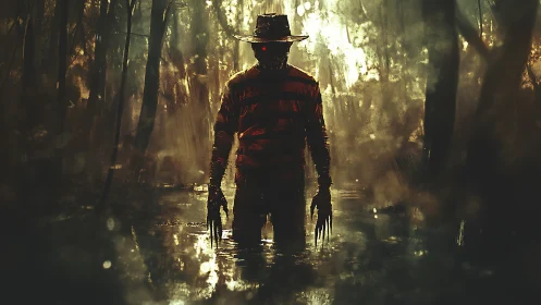 Dark clawed figure standing in eerie flooded forest.