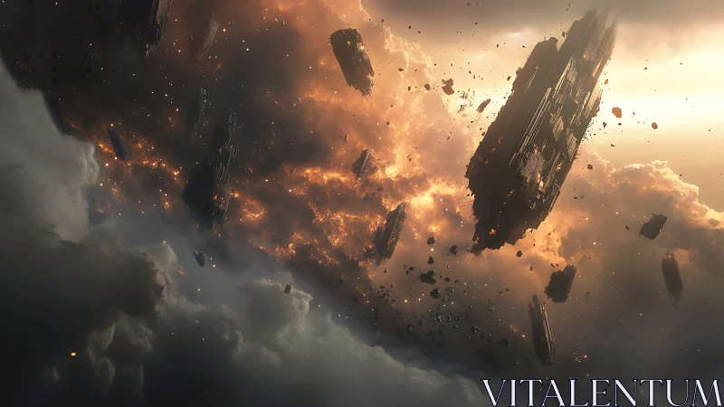 Drifting starwrecks above a storm of firelit clouds.