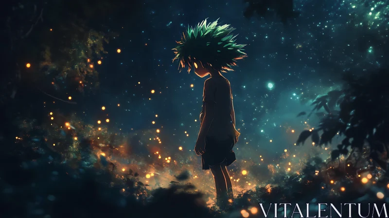 Solitary child in glowing, starry nighttime forest scene.