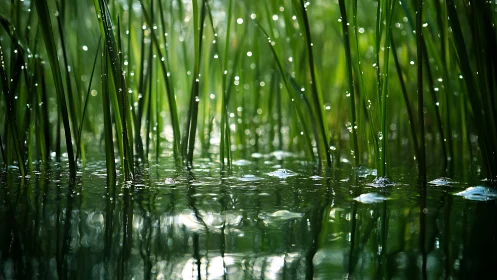 Macro wetlands grasses with reflective water bokeh highlights.