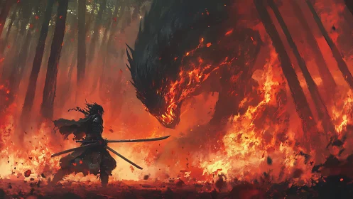 Samurai confronts infernal beast in blazing forest tableau