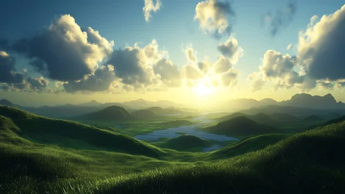 Sunlit hills and rivers unfold beneath glowing morning sky.