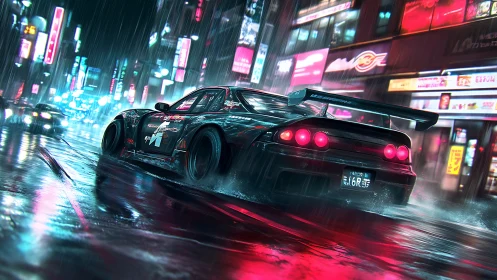 Sleek street racer gliding through neon soaked city rain.