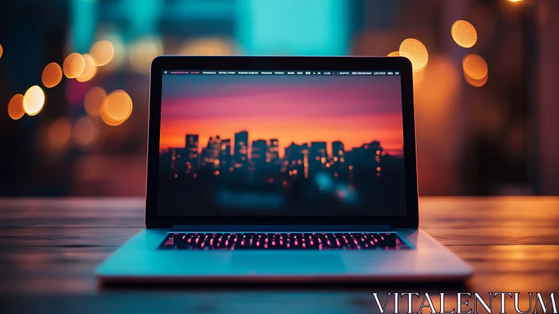 Open laptop glows softly against a dreamy sunset skyline
