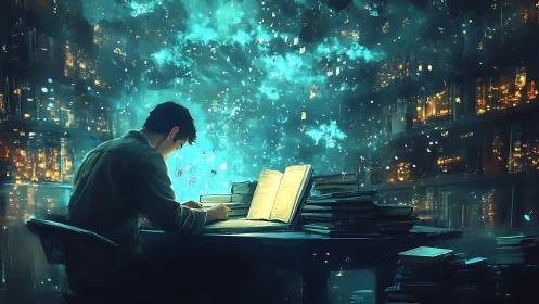 Focused student studying at desk in glowing fantasy library.