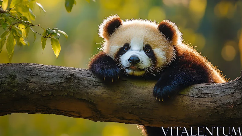 Dreamy red panda daydreams on a sunlit forest branch.
