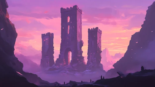Ruined fantasy towers under ethereal violet sunset sky.