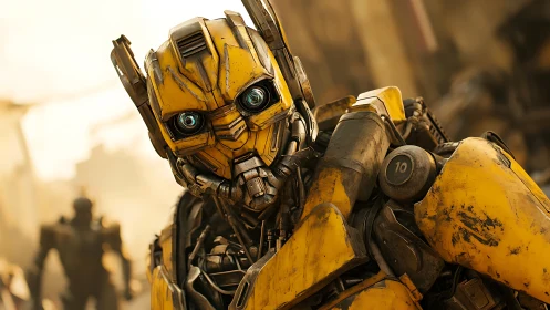 Yellow battle robot portrait in cinematic urban ruins.